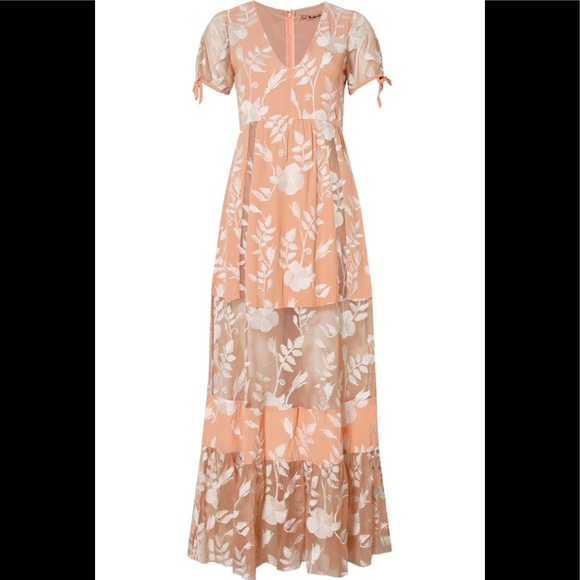 FOR LOVE & LEMONS MIA MAXI DRESS Lace Overlay Sheer Paneled Tie Detail Boho Chic - Picture 10 of 11